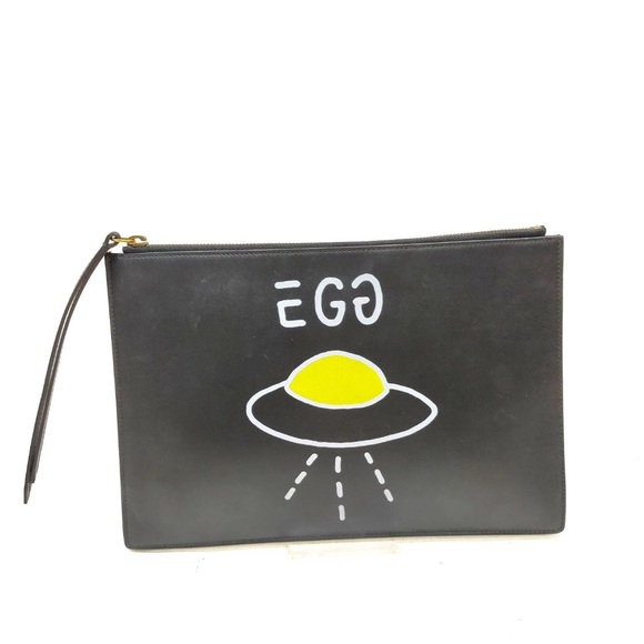 Gucci Black Leather Egg Pouch Clutch UFO Design with COA - Picture 1 of 10